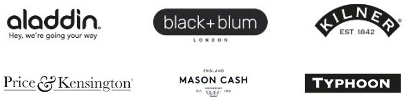 aladdin, black+blum, Kilner, Price&Kensington, Mason Cash, Typhoon Logos